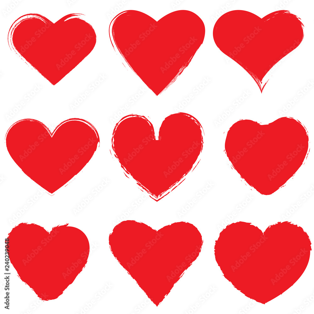 Set of red ink grunge hearts on white background vector illustration. Brush stroke of hearts