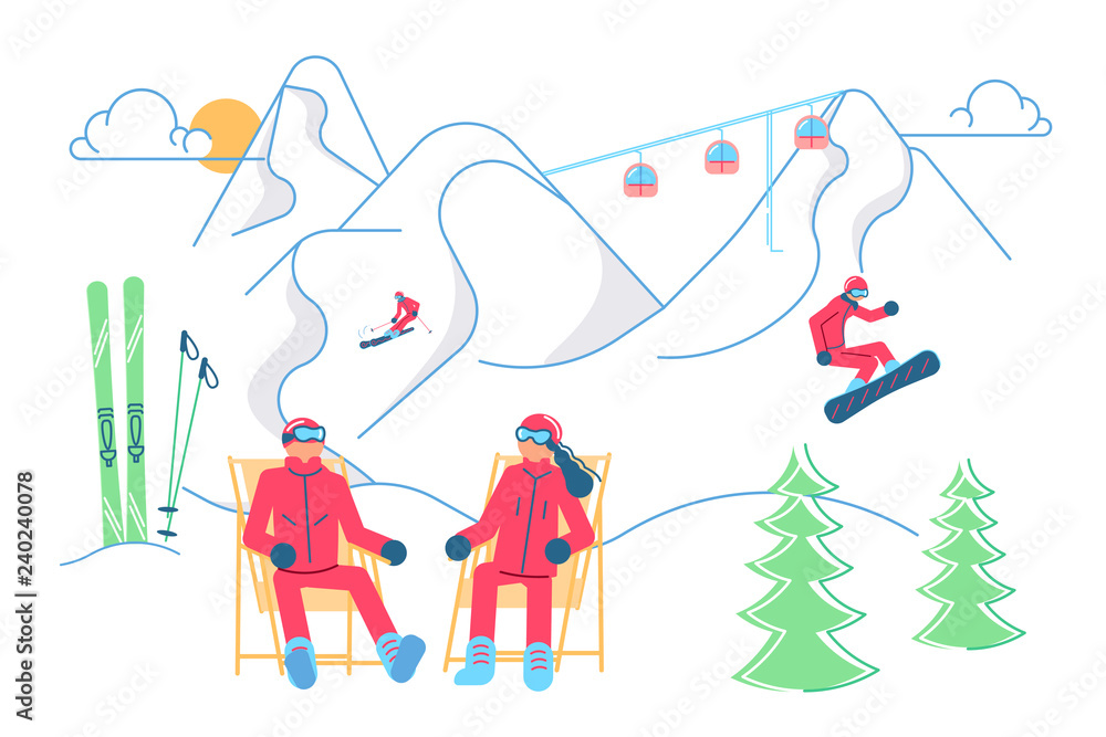 Fototapeta premium Male and female Skiers on a lounger relaxes