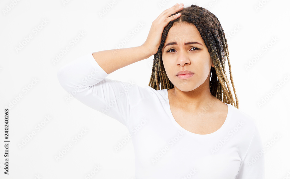 afro american woman with a headache isolated on white background afro american woman with a headache isolated on white background