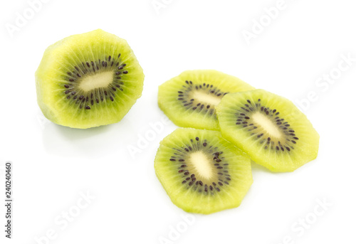 Peeled half kiwi fruit with three juicy slices