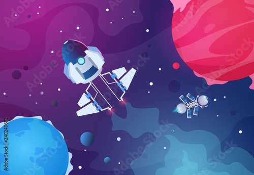 Cartoon space background. Alien planets spaceship asteroid earth planet stars rocket. Future cosmos vector backdrop