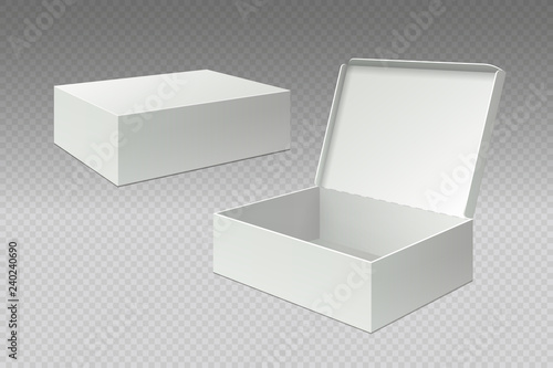 Realistic packaging boxes. Open mock up blank package, white square paper cardboard. Empty carton pack vector 3d template