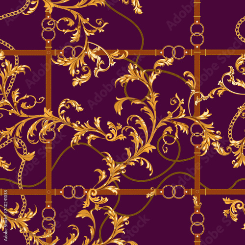 Seamless pattern with golden chains, belts and baroque leaves. Vector baroque patch for scarfs, print, fabric.