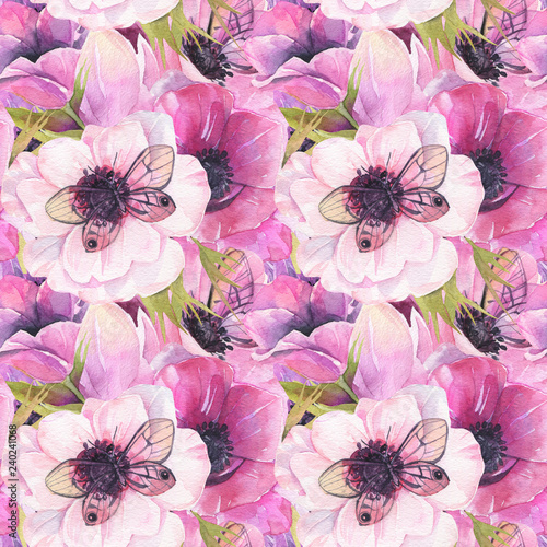 Seamless flower pattern. Anemones background. Watercolor wallpaper. 