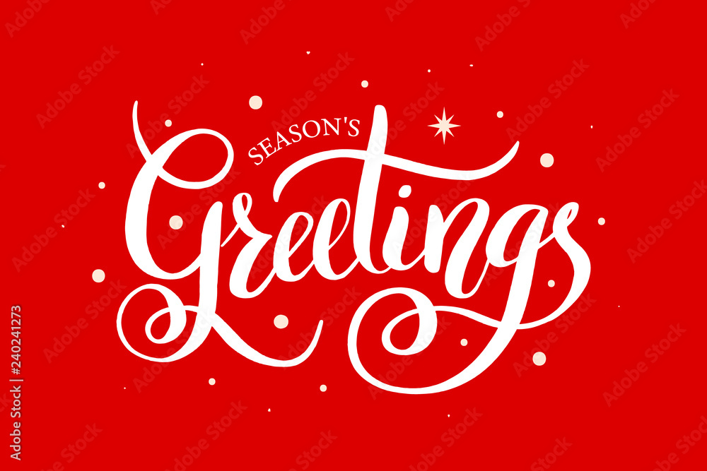 Season's Greetings brush calligraphy vector banner. Lettering winter frosty card white text on a snowy red background. Christmas posters, cards, headers, website