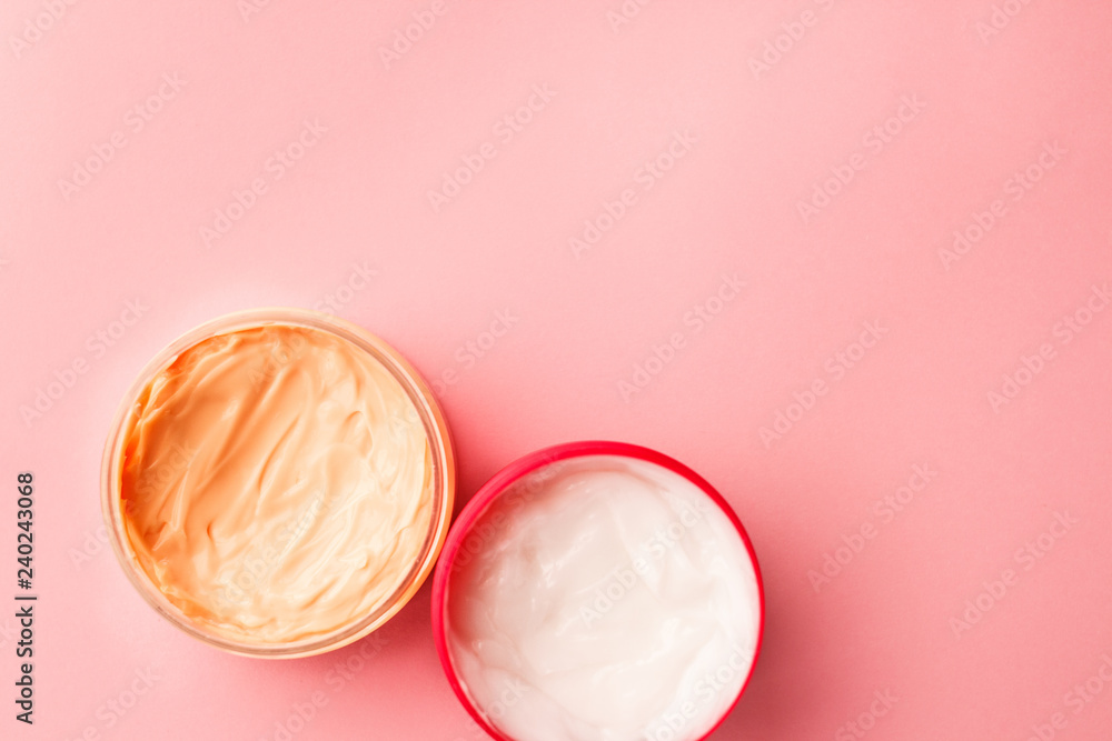cosmetic for body, face, hair. face cream in a jar. hair mask. skin