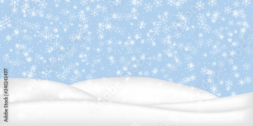 Christmas landscape with falling snowflakes. Snow background. Realistic snowdrift isolated. Vector illustration.