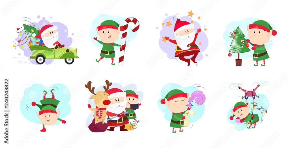Bright Santa Claus and christmas elves set illustration. Santa and elves in different poses. Can be used for topics like Christmas, winter, festivals, Happy New Year Bright Santa Claus and christmas elves set illustration. Santa and elves in different poses. Can be used for topics like Christmas, winter, festivals, Happy New Year