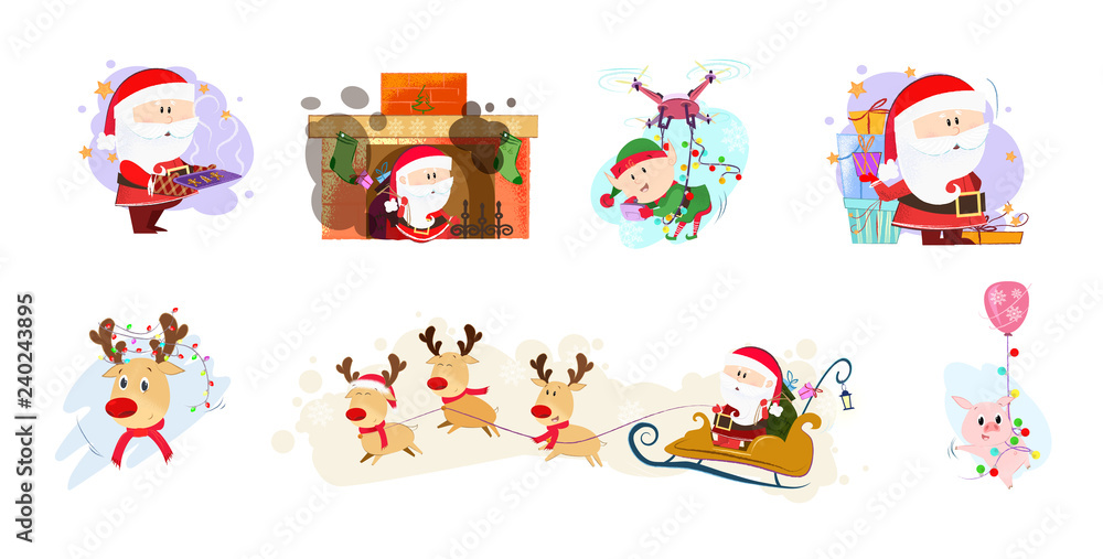 Fototapeta premium Bright illustration with Santa and company. Bright characters in different poses. Can be used for topics like Christmas, winter, festivals, Happy New Year