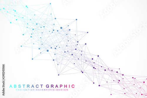 Geometric abstract background with connected line and dots. Network and connection background for your presentation. Graphic polygonal background. Scientific vector illustration.