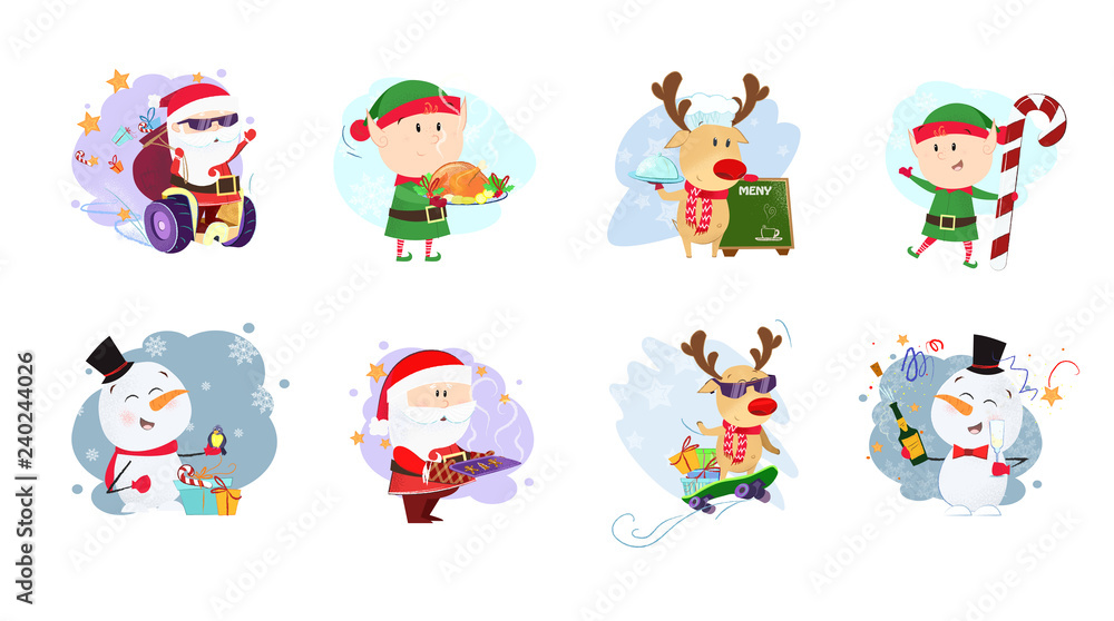Cool Christmas company set illustration. Elf, snowman and Santa Claus in different poses. Can be used for topics like Christmas, winter, festivals, Happy New Year