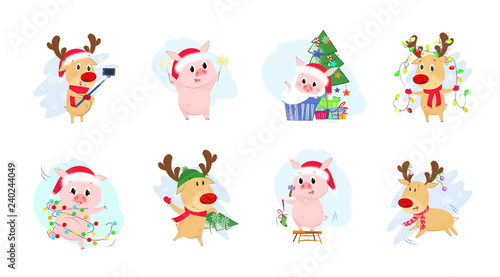 Creative set illustration with piglet and deer. Deer and cute piglets in different poses. Can be used for topics like Christmas, winter, festivals, Happy New Year