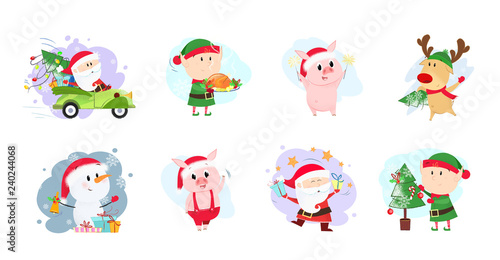 Cute cartoon company set illustration. Santa, piglets and elves in different poses. Can be used for topics like Christmas, winter, festivals, Happy New Year