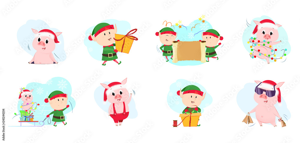 Elves and piglets set illustration. Elves and piggy in different poses. Can be used for topics like Christmas, winter, festivals, Happy New Year