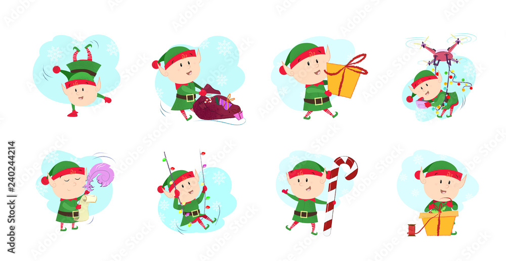 Elves company set illustration. Santa helpers in different poses. Can be used for topics like Christmas, winter, festivals, Happy New Year Elves company set illustration. Santa helpers in different poses. Can be used for topics like Christmas, winter, festivals, Happy New Year