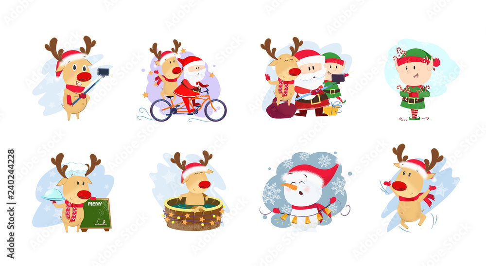 Fototapeta premium Festive characters set illustration. Snowman, deer, elf and Santa Claus in different poses. Can be used for topics like Christmas, winter, festivals, Happy New Year