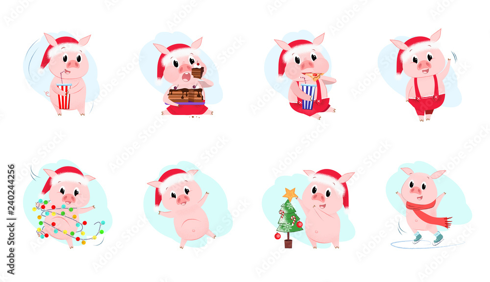 Funny piglets set illustration. Pigs in different poses. Can be used for topics like Christmas, winter, festivals, Happy New Year Funny piglets set illustration. Pigs in different poses. Can be used for topics like Christmas, winter, festivals, Happy New Year