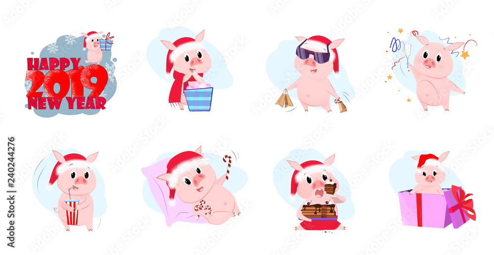 Fototapeta premium Happy New Year set illustration. Piglets in different poses. Can be used for topics like Christmas, winter, festivals, Happy New Year