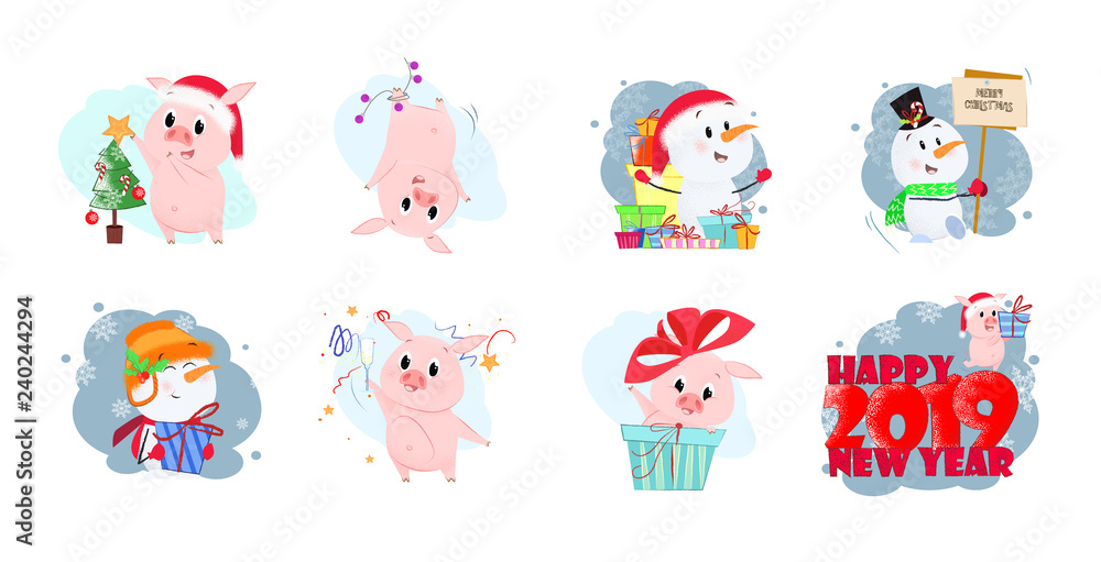 Fototapeta premium Piggy set illustration. Piglets and snowmen in different poses. Can be used for topics like Christmas, winter, festivals, Happy New Year