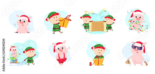 Elves and piglets set illustration. Elves and piggy in different poses. Can be used for topics like Christmas, winter, festivals, Happy New Year