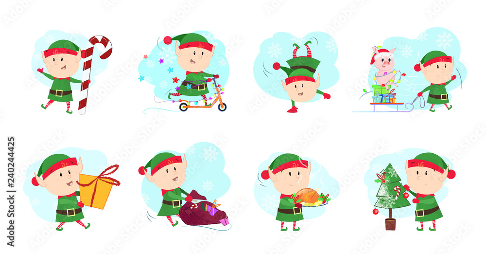 Set illustration of santa helpers. Funny elves in different poses. Can be used for topics like Christmas, winter, festivals, Happy New Year