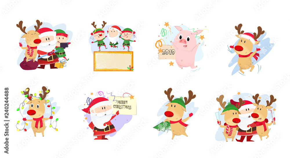 Set illustration with cartoon company. Funny Santa, piggy, elves and deer in different poses. Can be used for topics like Christmas, winter, festivals, Happy New Year 