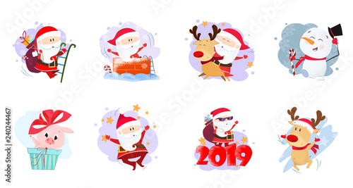 Set illustration with cartoon characters. Funny Santa, piggy, deer and snowman in different poses. Can be used for topics like Christmas, winter, festivals, Happy New Year