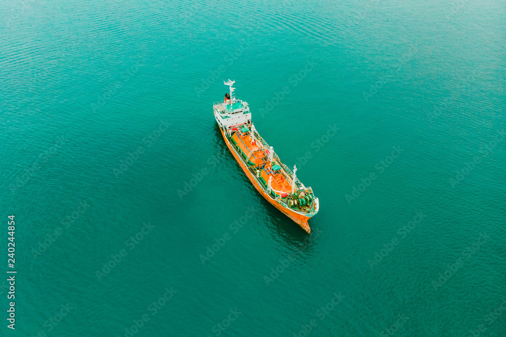 Aerial view of sea freight, Crude oil tanker lpg ngv at industrial estate Thailand / Group Oil tanker ship to Port of Singapore - import export around in the world