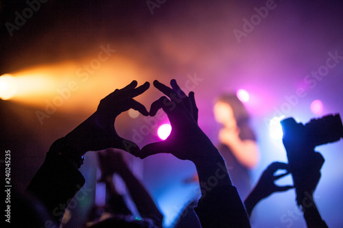Concert in the club, the hands of the people in front of those lights. sign of the heart, 