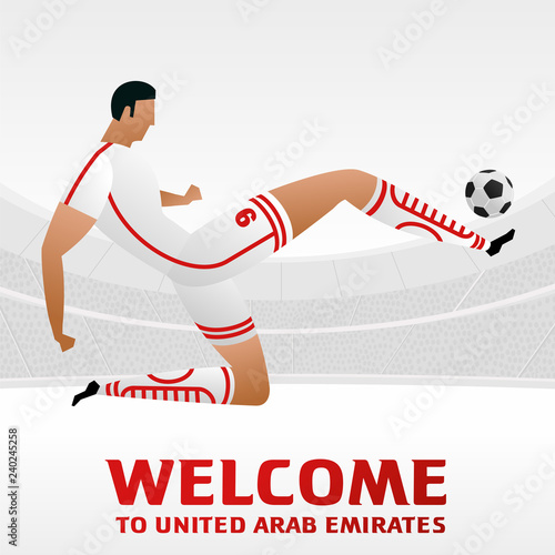 Soccer player on background with soccer stadium. 2018, 2019 trend. Asian Football Cup, Club World Cup in United Arab Emirates. Full color vector illustration in flat style. photo