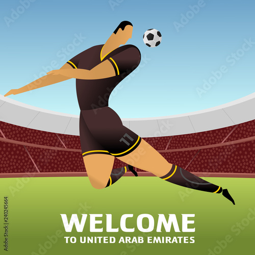 Soccer player on background with soccer stadium. 2018, 2019 trend. Asian Football Cup, Club World Cup in United Arab Emirates. Full color vector illustration in flat style. photo