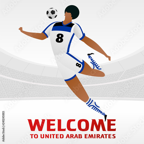 Soccer player on background with soccer stadium. 2018, 2019 trend. Asian Football Cup, Club World Cup in United Arab Emirates. Full color vector illustration in flat style.