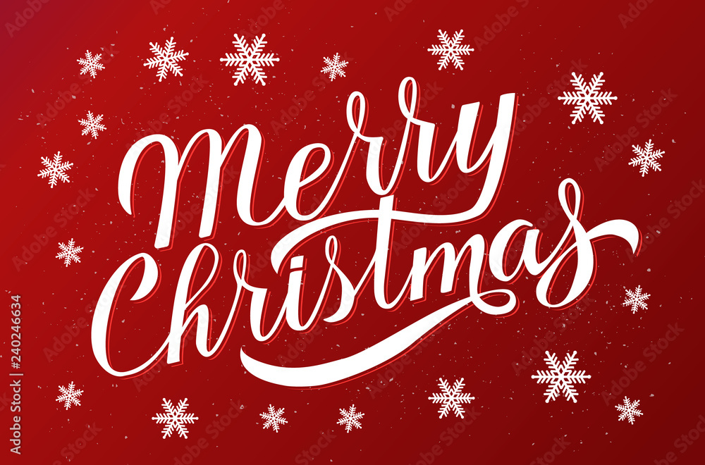 Merry Christmas hand drawn calligraphy lettering surrounded by snowflakes on red background. Holidays vector illustration. Easy to edit vector template Merry Christmas hand drawn calligraphy lettering surrounded by snowflakes on red background. Holidays vector illustration. Easy to edit vector template