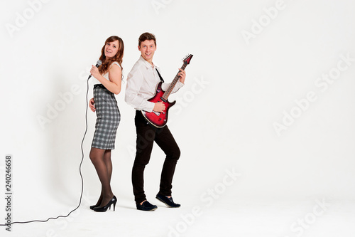 musicians on a white background singing a duet guy plays the