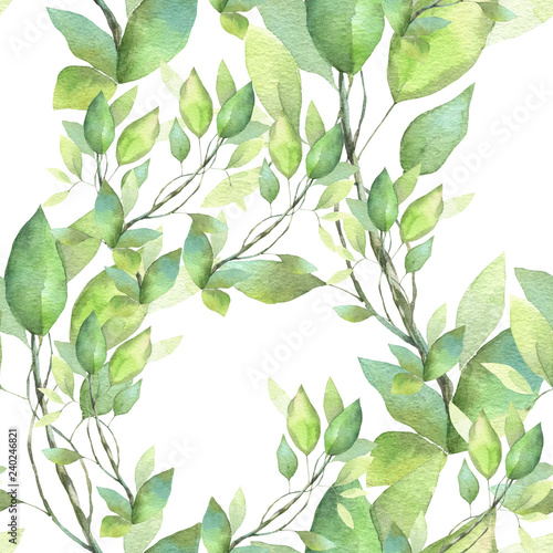 Seamless pattern. Hand painted watercolor illustration. Green branches. © Aleksandra Foster