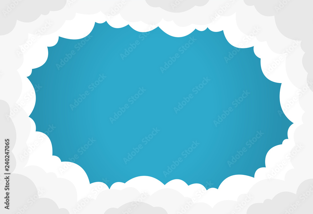 Blue sky with white clouds background. Border of clouds. Flat style simple vector illustration. Blue sky with white clouds background. Border of clouds. Flat style simple vector illustration.