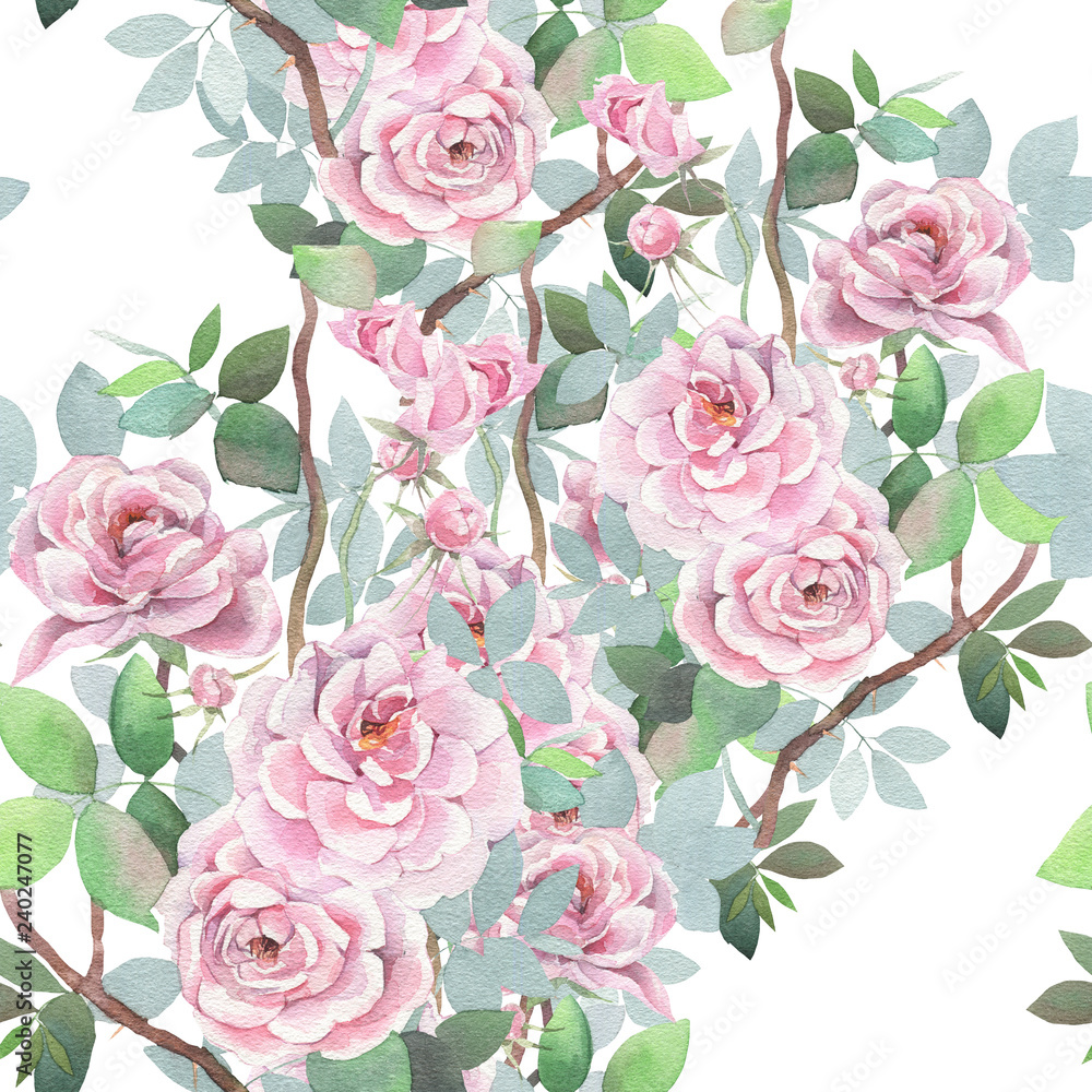 Watercolor seamless pattern. Wild roses mixed background. Romantic wallpaper.