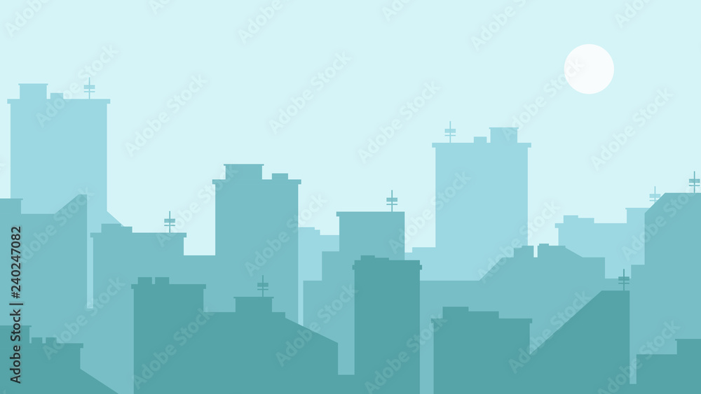 Silhouette of the city. Cityscape background. Simple blue texture. Urban landscape. For banner or template. Modern city with layers. Flat style vector illustration.