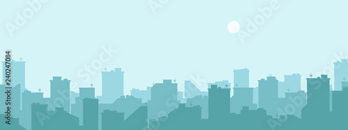 Silhouette of the city. Cityscape background. Simple blue texture. Urban landscape. For banner or template. Modern city with layers. Flat style vector illustration.