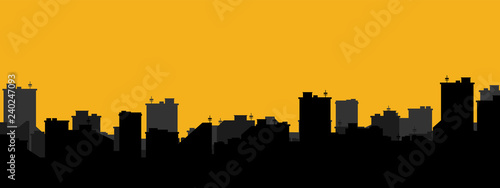 Silhouette of the city. Cityscape background. Simple black and yellow texture. Urban landscape. For banner or template. Modern city with layers. Flat style vector illustration.