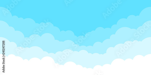 Blue sky with white clouds background. Border of clouds. Simple cartoon design. Flat style vector illustration.