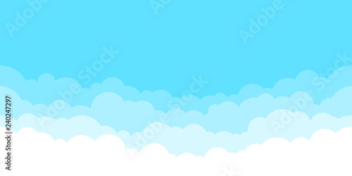 Blue sky with white clouds background. Border of clouds. Simple cartoon design. Flat style vector illustration.