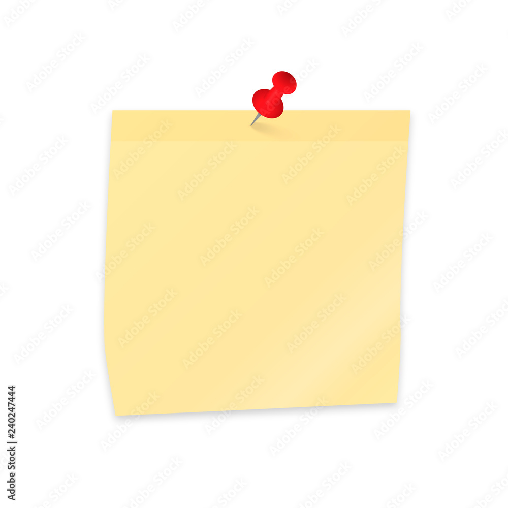 Empty sticker and pushpin isolated on white. Yellow sticky note paper clipping with red push pin. Reminder vector illustration. Empty sticker and pushpin isolated on white. Yellow sticky note paper clipping with red push pin. Reminder vector illustration.