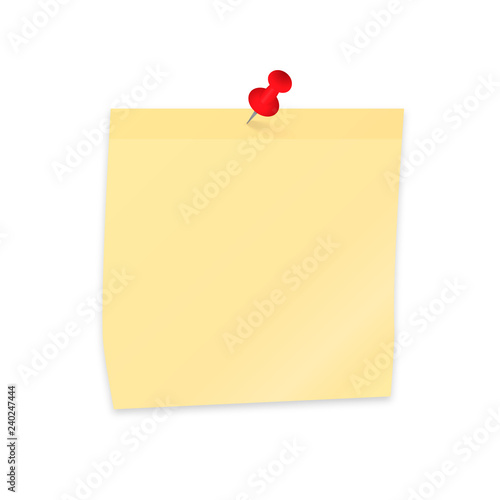 Empty sticker and pushpin isolated on white. Yellow sticky note paper clipping with red push pin. Reminder vector illustration.