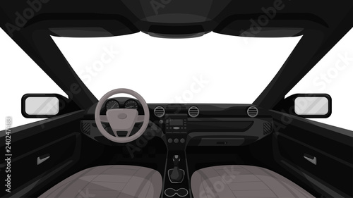 Car salon. View from inside of vehicle. Dashboard front panel. Driver view. Simple cartoon design. Realistic car interior. Flat style vector illustration.