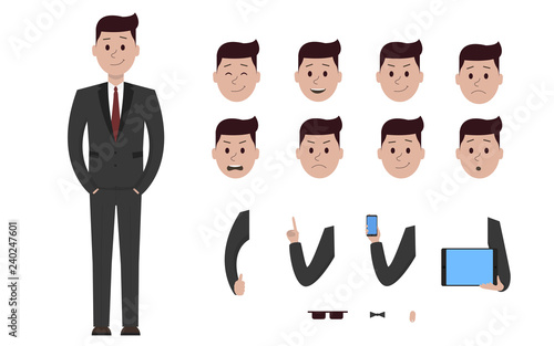 Male boy man character in business suit creation constructor set. Different views, emotions, gestures, isolated against white background. Build design. Cartoon flat-style infographic illustration