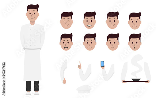 Male boy man cook chef character creation constructor set. Different views, emotions, gestures, isolated against white background. Build design. Cartoon flat-style infographic vector illustration