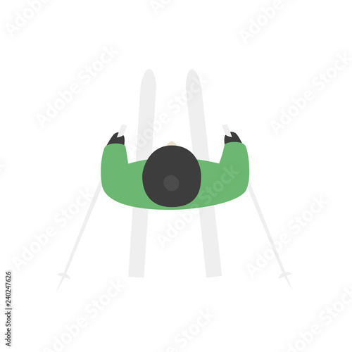 Cartoon character skier top view. Man or women in a hat, jacket and gloves with ski poles skiing in mountains. Isolated on white. View from above. Flat style vector illustration.