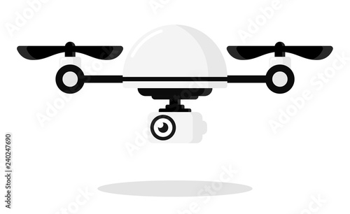 Cute cartoon drone with camera for photographing and recording video isolated on white background. Aerial quadcopter concept with shadow. Simple design icon or logo. Flat style vector illustration.