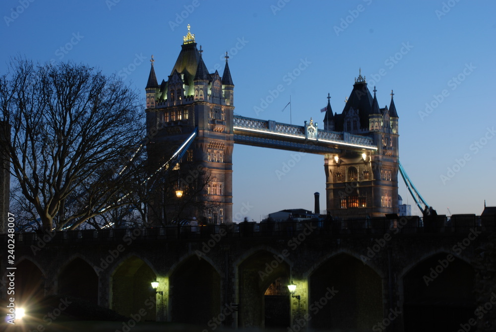 The iconic Tower Bridge at dusk near the Tower of London, UK